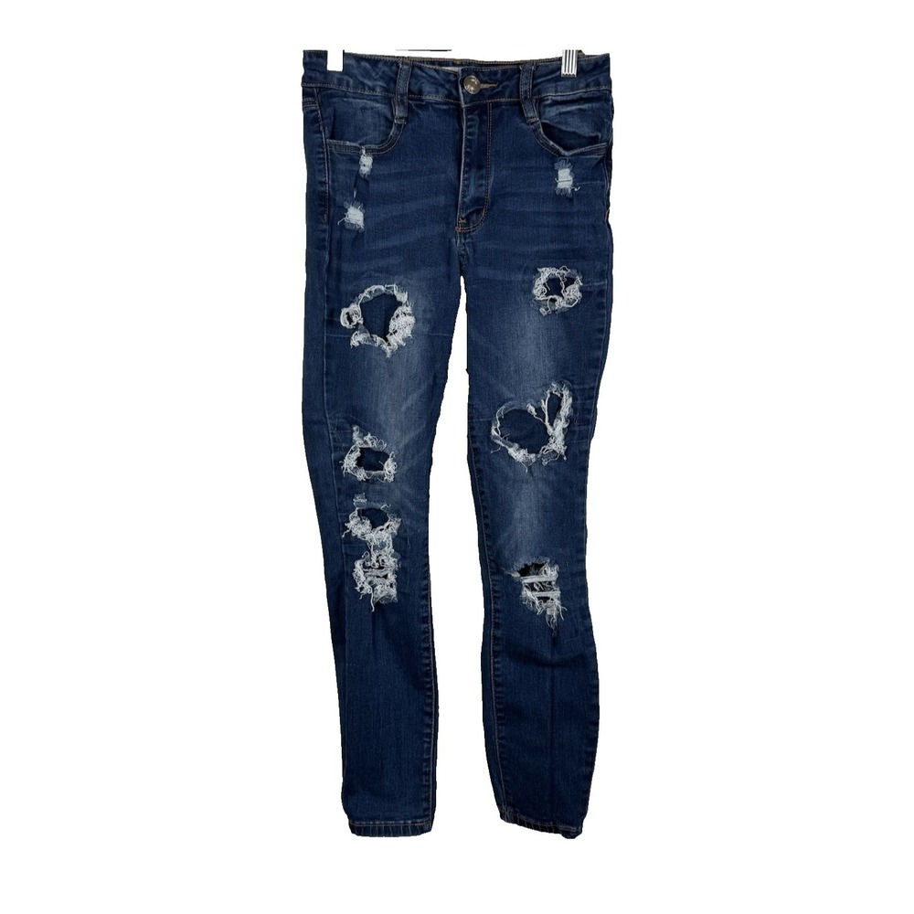 Rue 21 Heavily Distressed Skinny Jeans Size 6 Blue Ripped Shredded Grunge Y2K